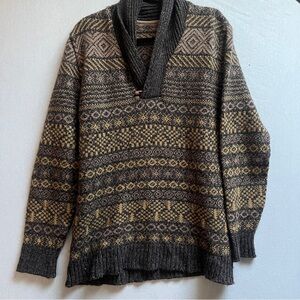 Men’s Fair Isle Cozy Cabin Sweater Size L Shawl Collar